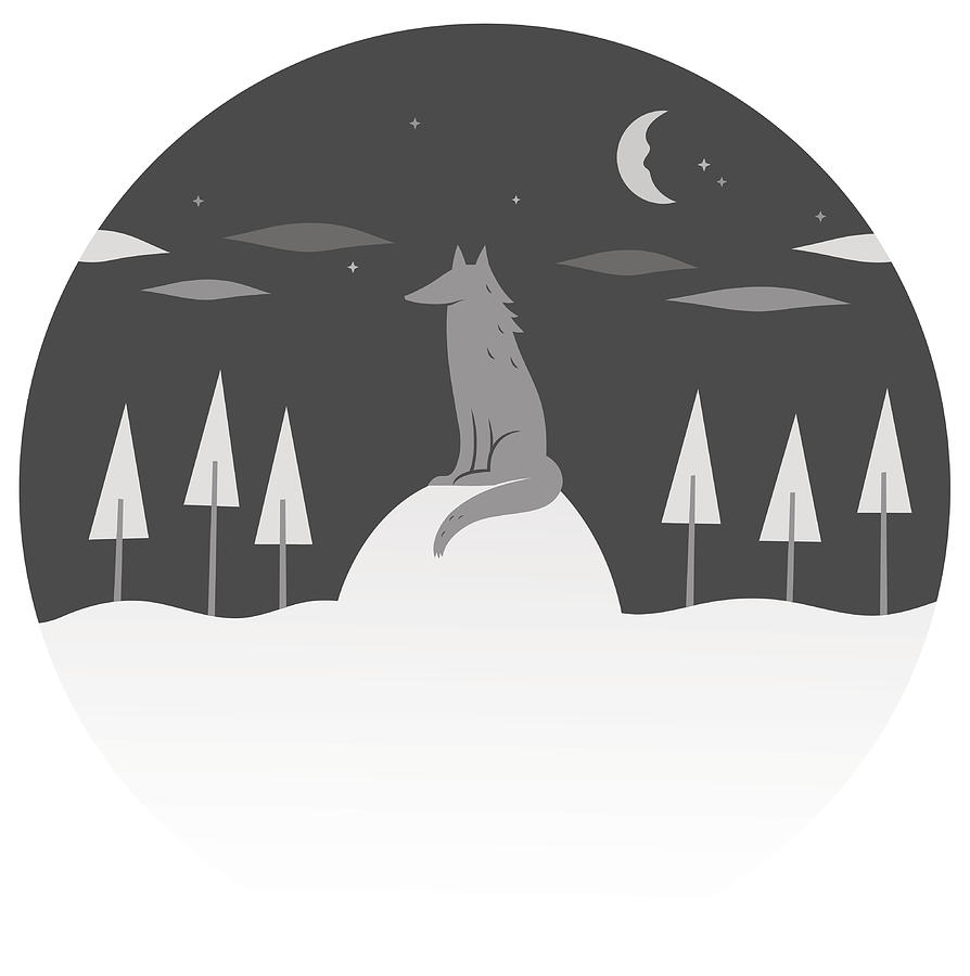 Vector image of a lone wolf next to a moon crescent Drawing by Amathers