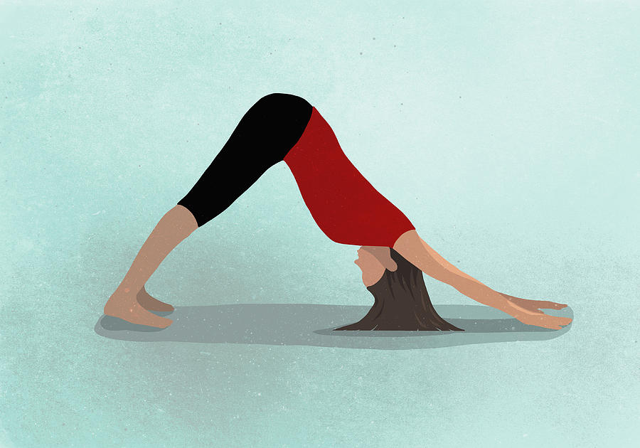 Vector image of woman practicing yoga against blue background depicting healthy lifestyle Drawing by Malte Mueller