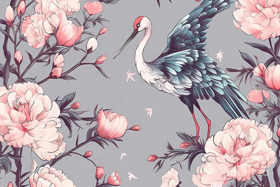 Crane Painting - Vector nature card with crane, pink flowers peonies by N Akkash