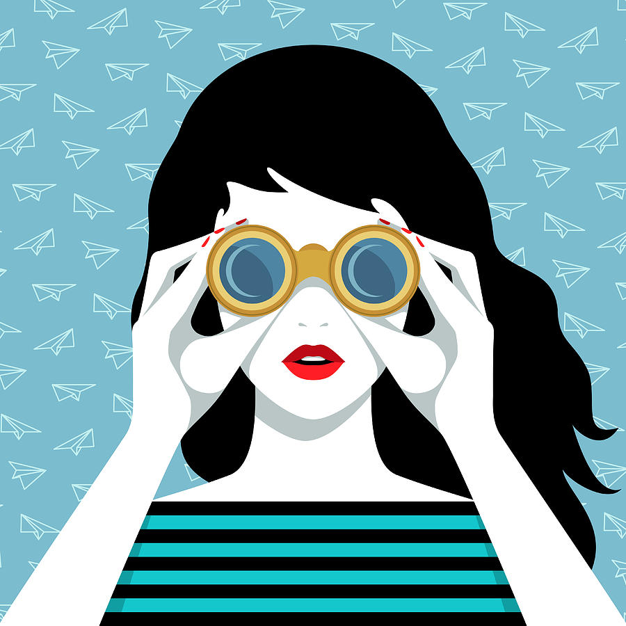Vector portrait of woman looking through binoculars Drawing by Marzacz