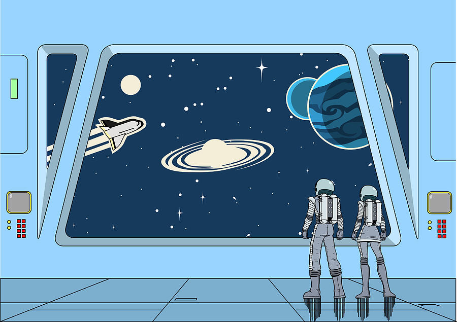 Vector Retro Space Astronauts Couple Inside a Spaceship Looking at Outer Space Drawing by Yogysic