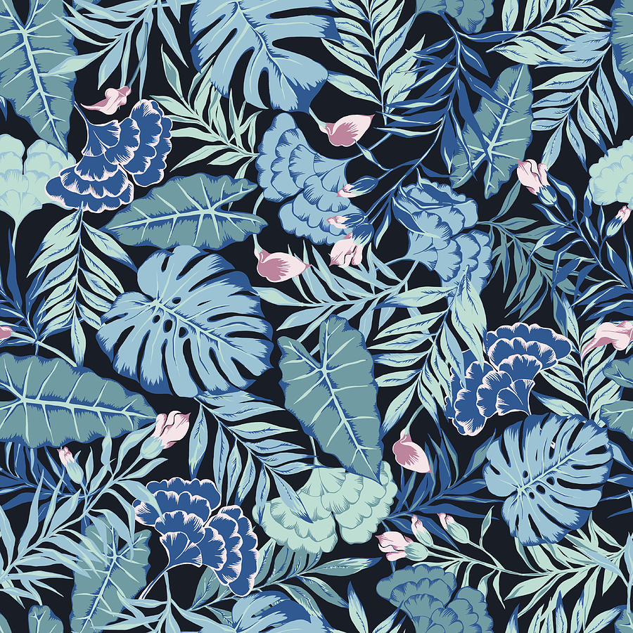 Vector Seamless Blue With Pink Tropical Rainforest Allover Pattern With Flowers Drawing by Katyagrib