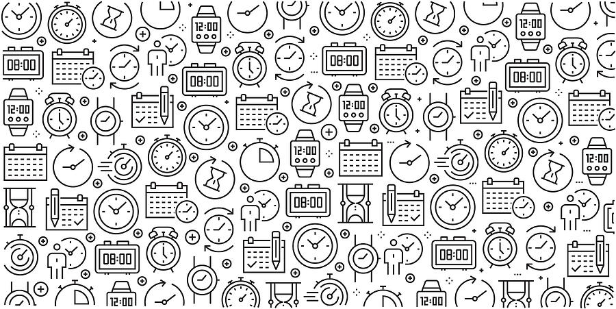 Vector set of design templates and elements for Time Related in trendy linear style - Seamless patterns with linear icons related to Time Related - Vector Drawing by Cnythzl
