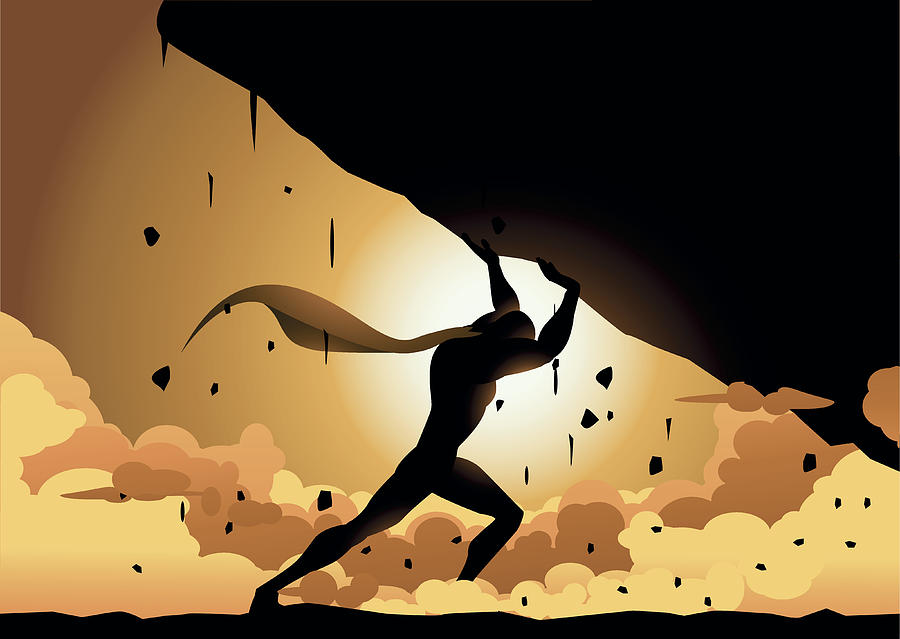 Vector Superhero Lifting a Heavy Rock Silhouette Drawing by Yogysic