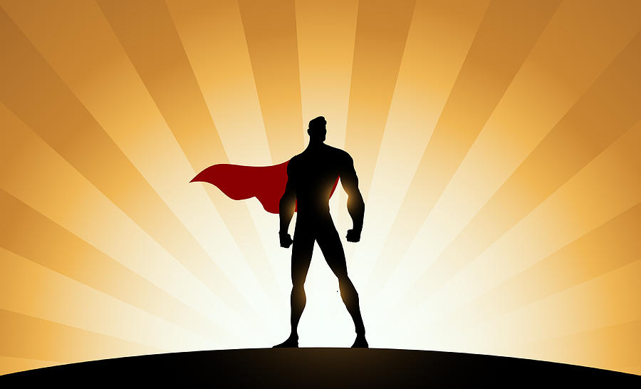 Vector Superhero Silhouette with Sunburst Effect Background Drawing by Yogysic
