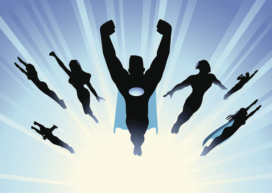 Vector Superhero Team Flying in blue burst background Drawing by Yogysic