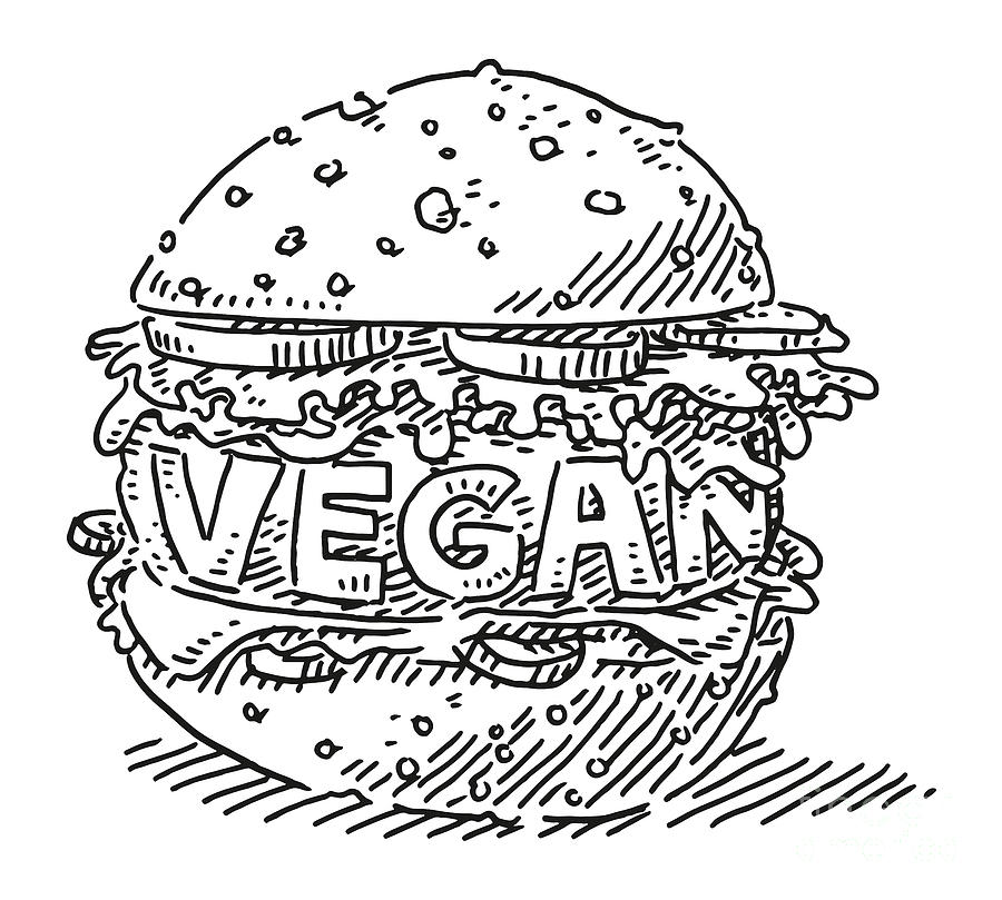 Black And White Drawing - Vegan Burger Alternative Food Drawing by Frank Ramspott