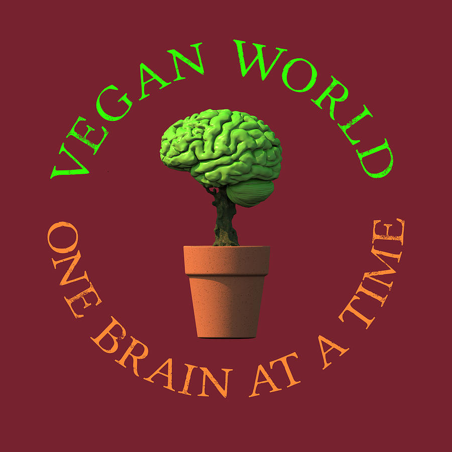 Vegan World, One Brain at a Time Red Digital Art by Russell Kightley