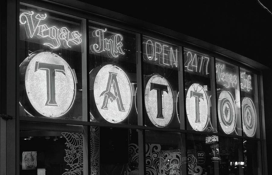 Vegas Ink Tattoo Studio on the Las Vegas Strip Black and White Photograph by Shawn OBrien