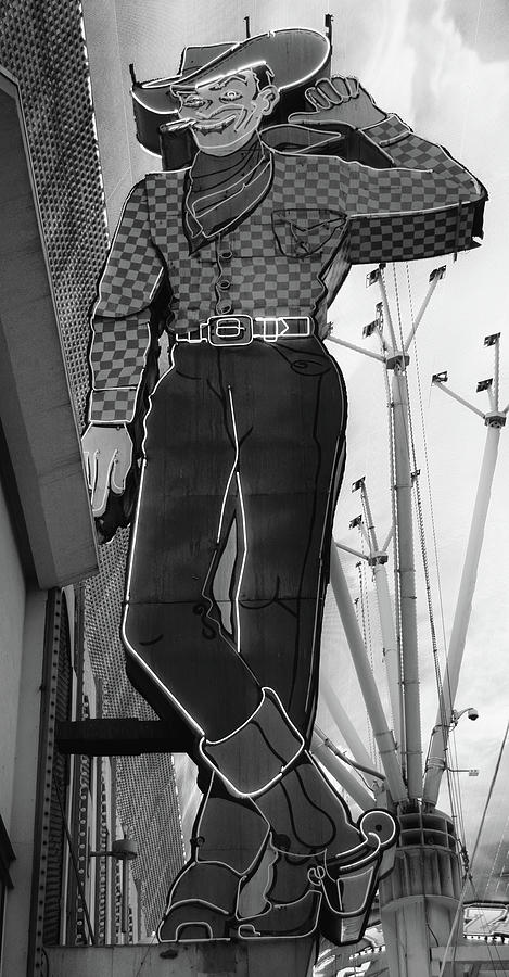 Vegas Vic on Fremont Street Downtown Las Vegas Black and White Photograph by Shawn OBrien