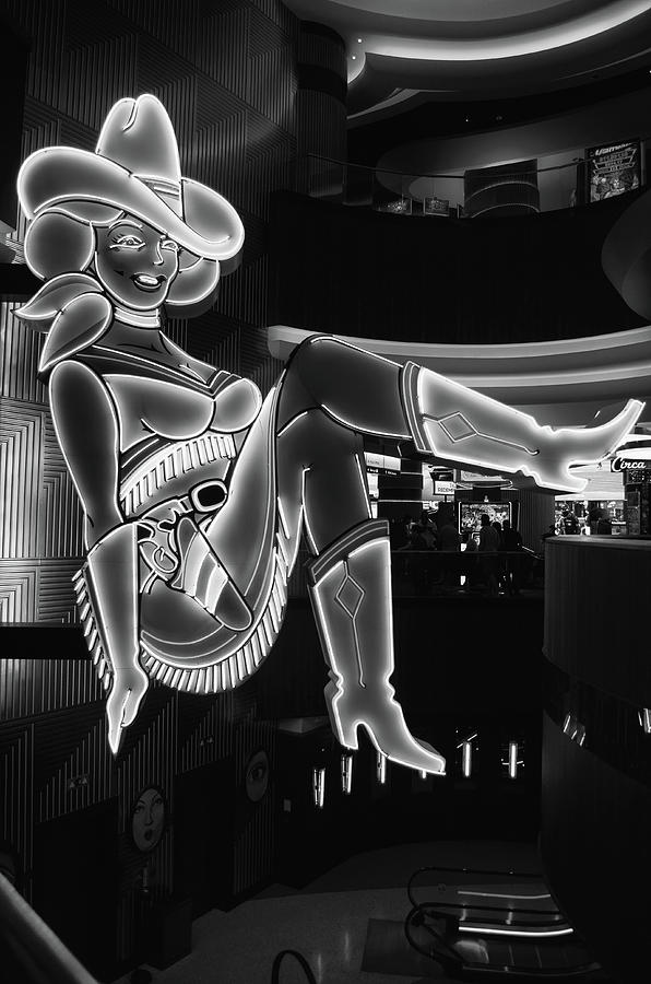 Vegas Vicky Neon Beauty Glitter Gulch Fremont Street Las Vegas Black and White Photograph by Shawn OBrien