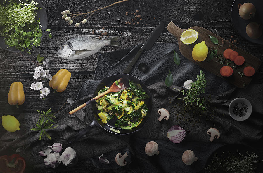 Vegetable Herbs And Fish Dinner Preparation Photograph by Johanna Hurmerinta