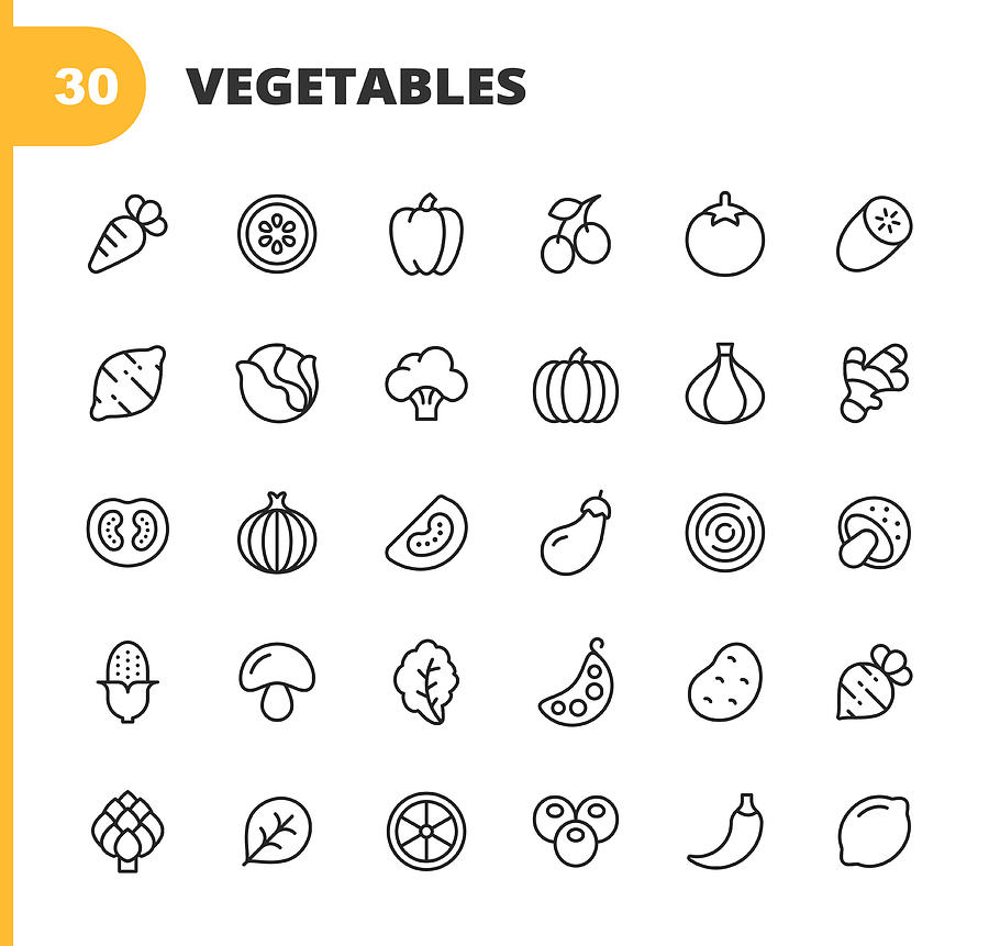 Vegetable Line Icons. Editable Stroke. Pixel Perfect. For Mobile and Web. Contains such icons as Carrot, Lemon, Pepper, Onion, Potato, Tomato, Corn, Spinach, Bean, Mushroom, Ginger, Radish, Spinach, Cucumber. Drawing by Rambo182