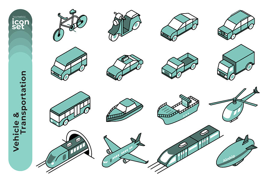Vehicle and Transportation Mono Colour Outline Icon Set on White Background. Vector Stock Illustration. Drawing by Putthiphon Chuenwattana