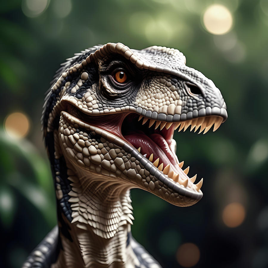 Velociraptor Portrait shown close-up.    Digital Art by Ray Shrewsberry