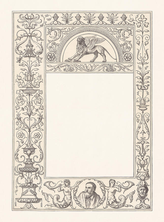 Venetian renaissance frame with copy space, wood engraving, published 1884 Drawing by Zu_09