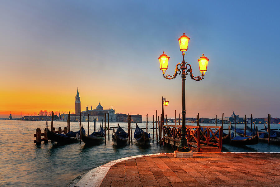 Venetian Sunrise Glow - Gondolas and Lanterns Photograph by John Wright Venetian Sunrise Glow - Gondolas and Lanterns Photograph by John Wright