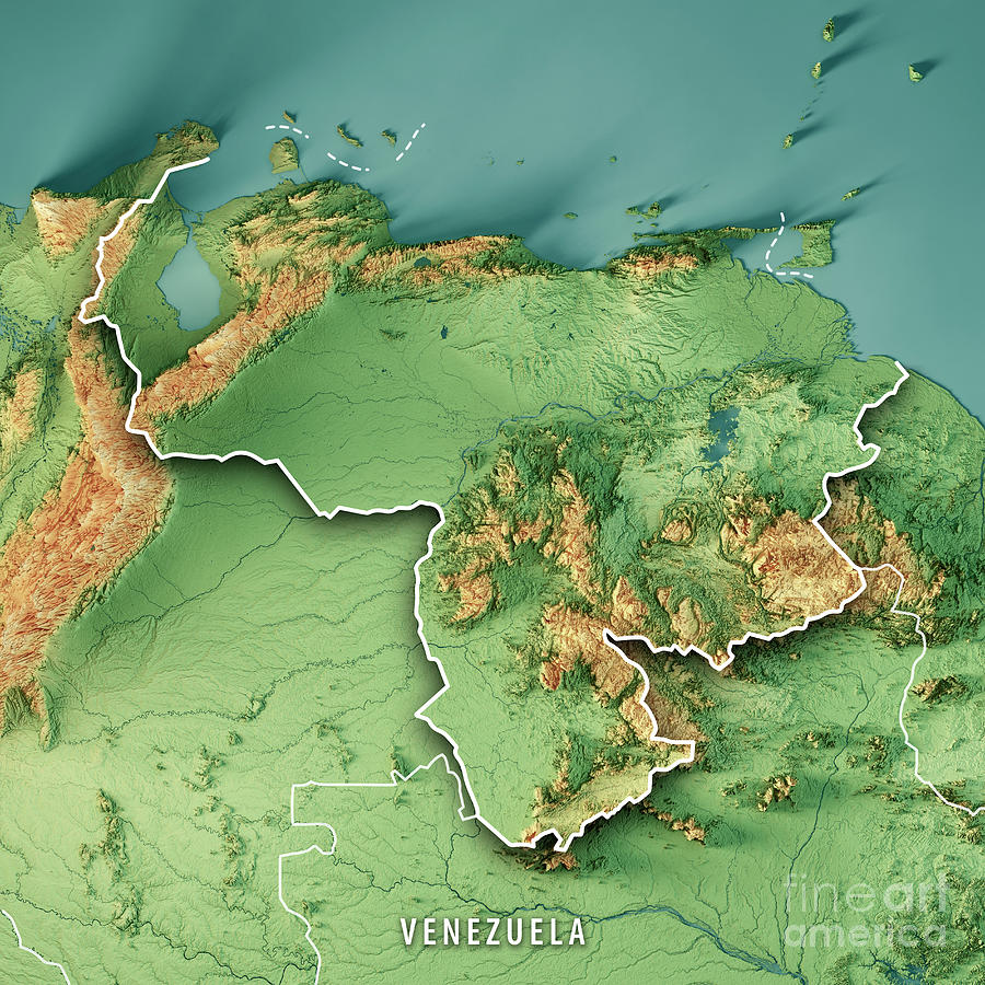 Map Digital Art - Venezuela 3D Render Topographic Map Color Border by Frank Ramspott