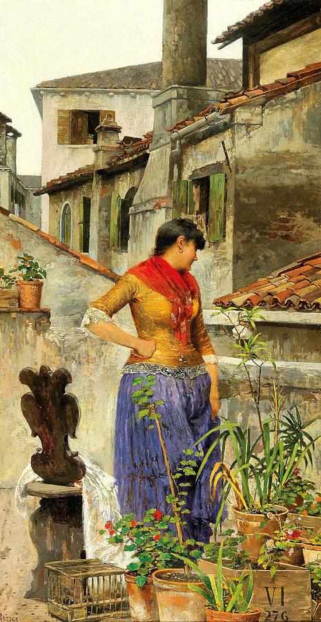 Venetian Painting - Venice  a young Venetian woman on a roof terrace by Luigi Pastega