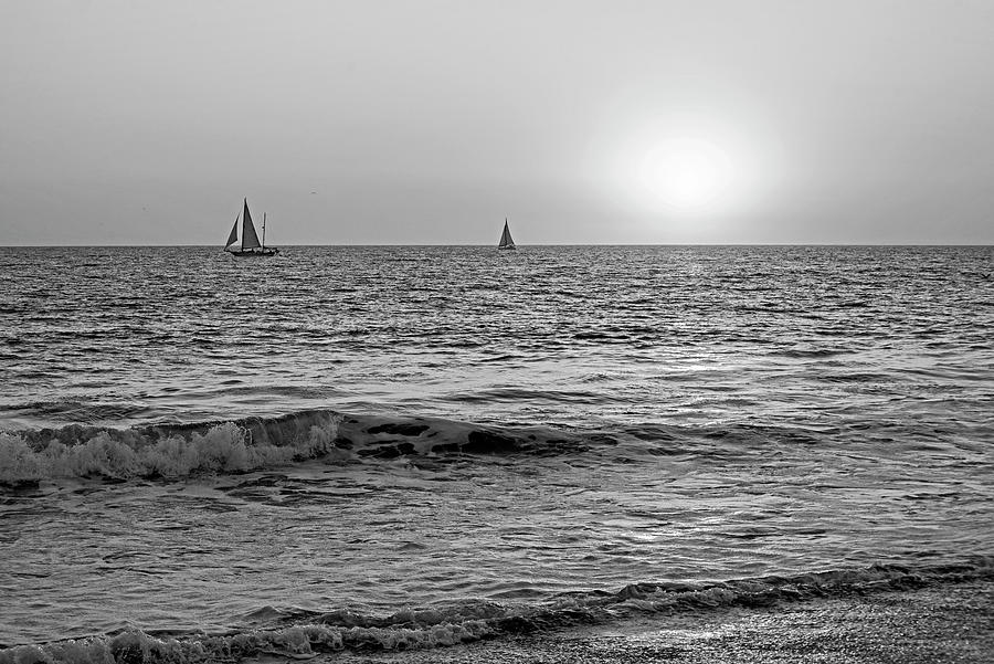 Venice Beach sailboats at Sunset Venice California Los Angeles Black and White Photograph by Toby McGuire
