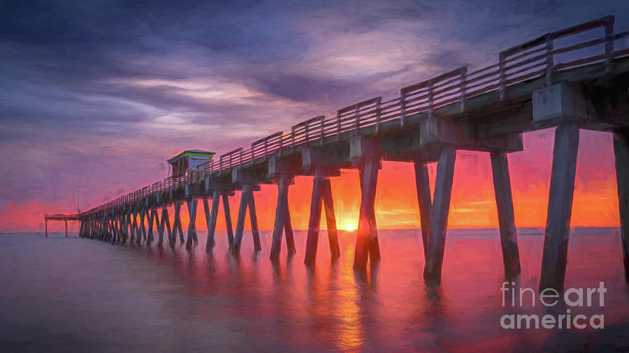 Beach Photograph - Venice Fishing Pier Sunset, Florida, Painterly by Liesl Walsh