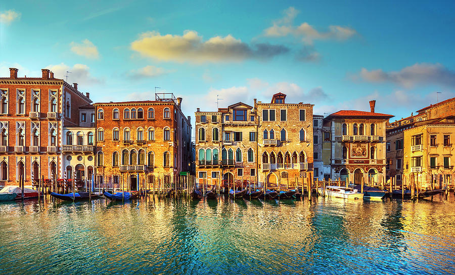 Venice, Grand Canal, gondolas and buildings at sunrise. Italy Photograph by Stefano Orazzini