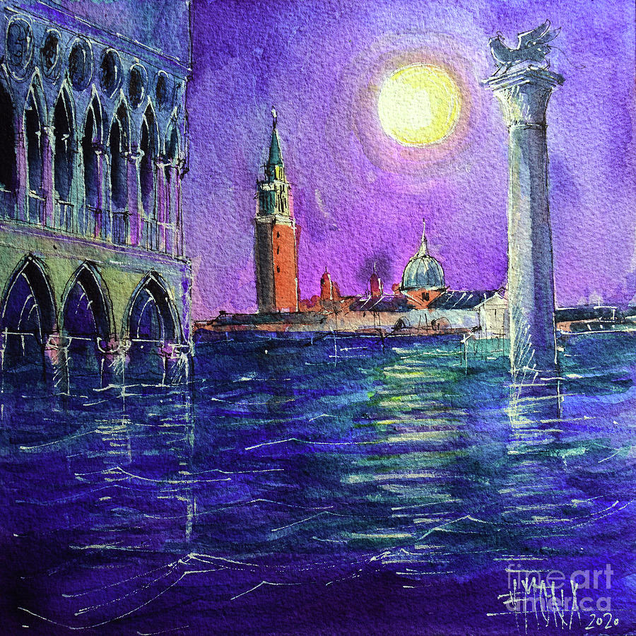 VENICE HIGH WATER NIGHT watercolor painting Mona Edulesco Painting by Mona Edulesco