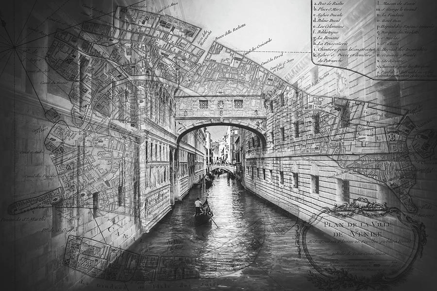 Venice Italy Bridge of Sighs With Vintage Map Black and White Photograph by Carol Japp