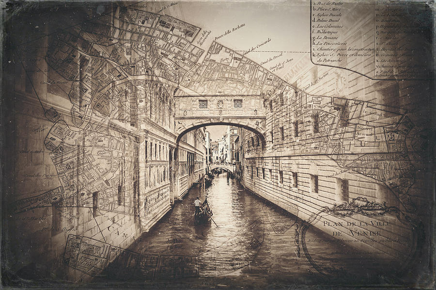 Venice Italy Bridge of Sighs With Vintage Map Sepia  Photograph by Carol Japp