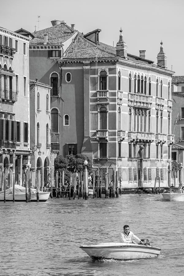 Venice Italy Canal Boat Black and White  Photograph by John McGraw