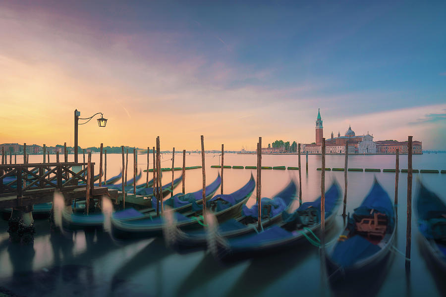 Venice lagoon, San Giorgio church and gondolas at sunrise. Italy Photograph by Stefano Orazzini