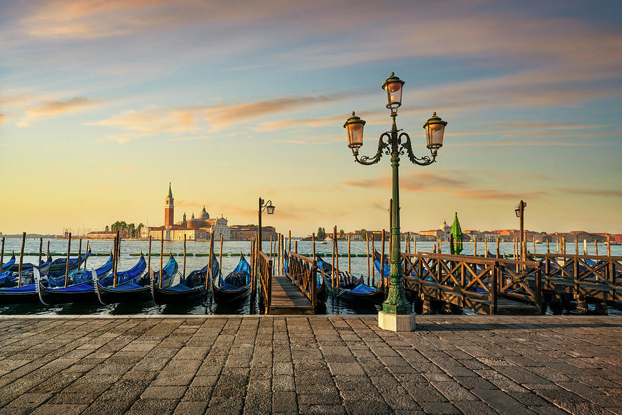 Venice lagoon, San Giorgio church, gondolas and street lamp. Ita Photograph by Stefano Orazzini