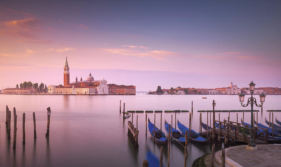 Venice, San Giorgio church and gondolas at sunrise. Italy Photograph by Stefano Orazzini