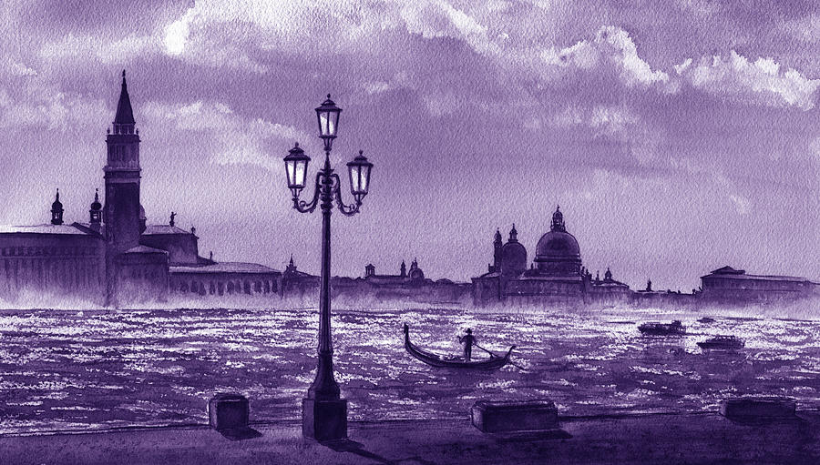 Venice Silhouette Grand Canal Gondola Italy In Lilac Purple Watercolor  Painting by Irina Sztukowski