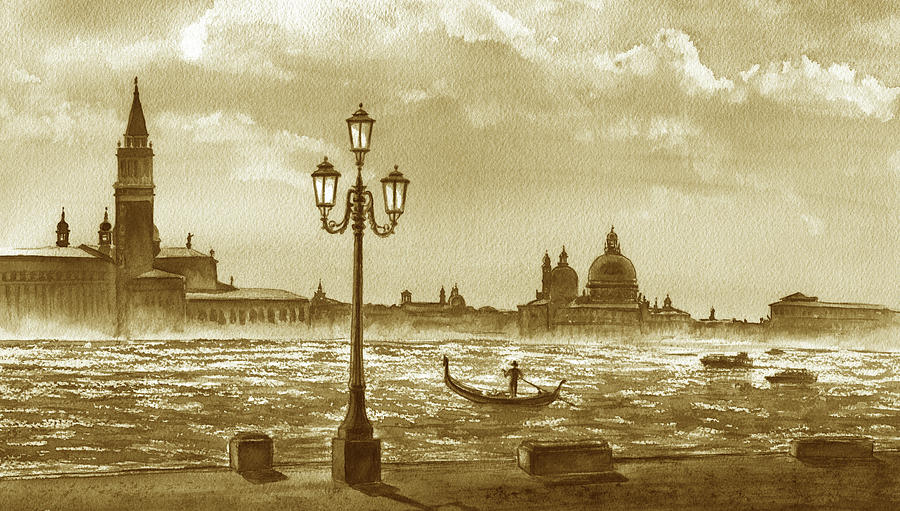 Vintage Painting - Venice Silhouette Grand Canal Gondola Italy In Vintage Beige Watercolor  by Irina Sztukowski