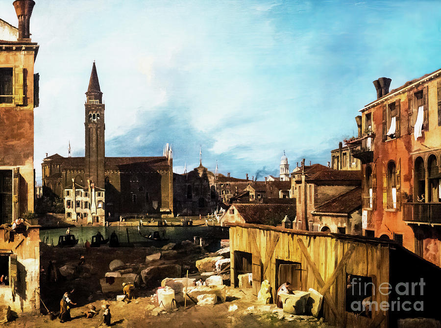 Venice The Stonemasons Yard by Canaletto 1728 Painting by Canaletto