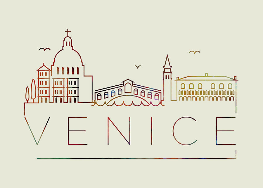 City Mixed Media - Venice Thin Line City Skyline Fun Colorful Art Series by Design Turnpike