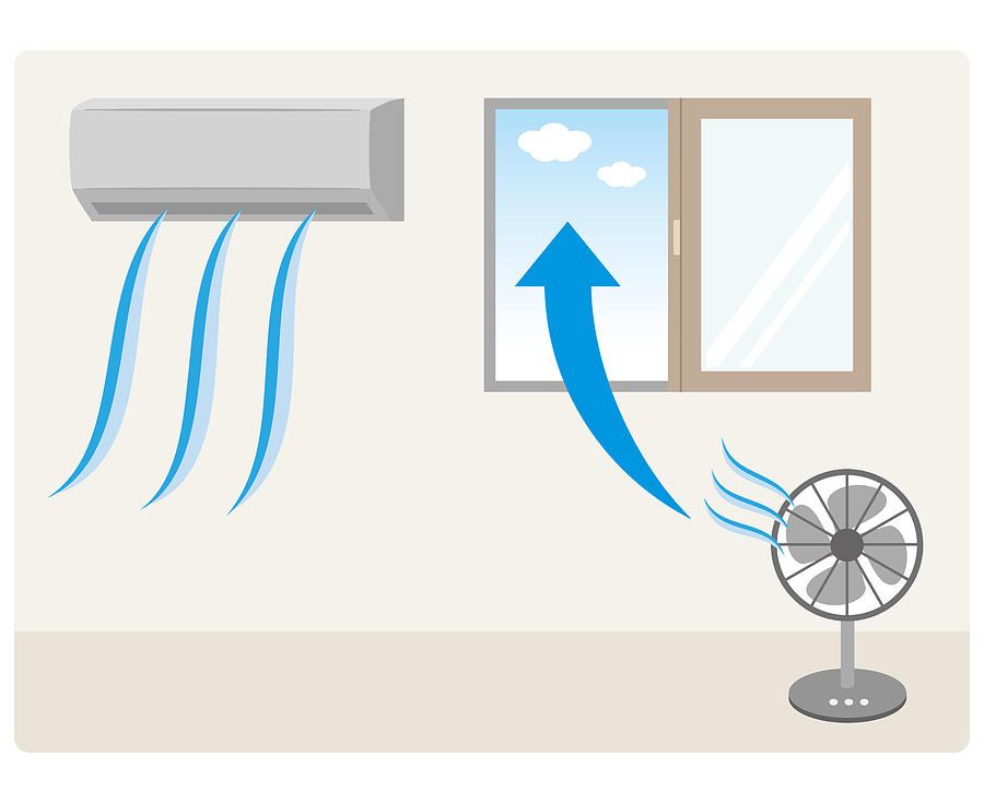 Ventilation with a fan in a room with an air conditioner Drawing by Pico