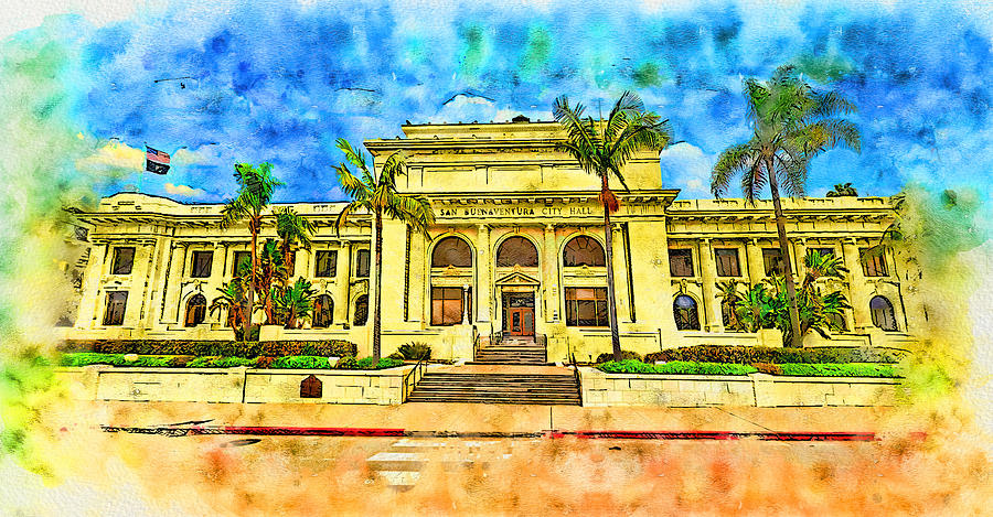 Ventura City Hall - pen and watercolor Digital Art by Nicko Prints