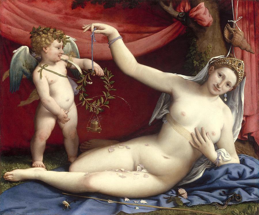 Greek Painting - Venus and Cupid 1520s by Lorenzo Lotto by Les Classics