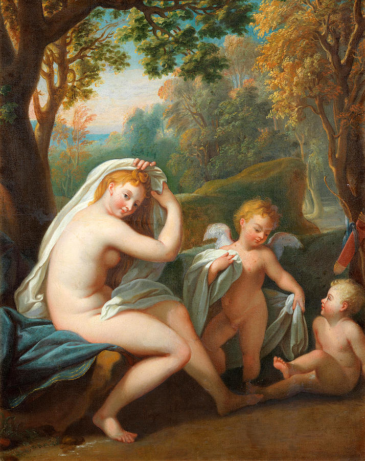 Venus and Cupid in a landscape Painting by Nicolas Fouche