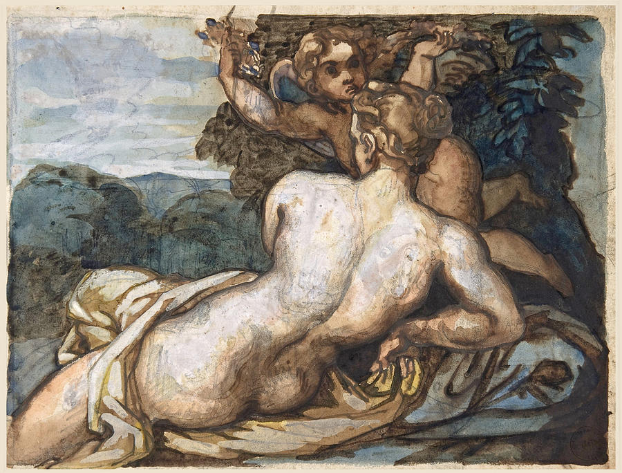Venus and Cupid in a Landscape Drawing by Theodore Gericault