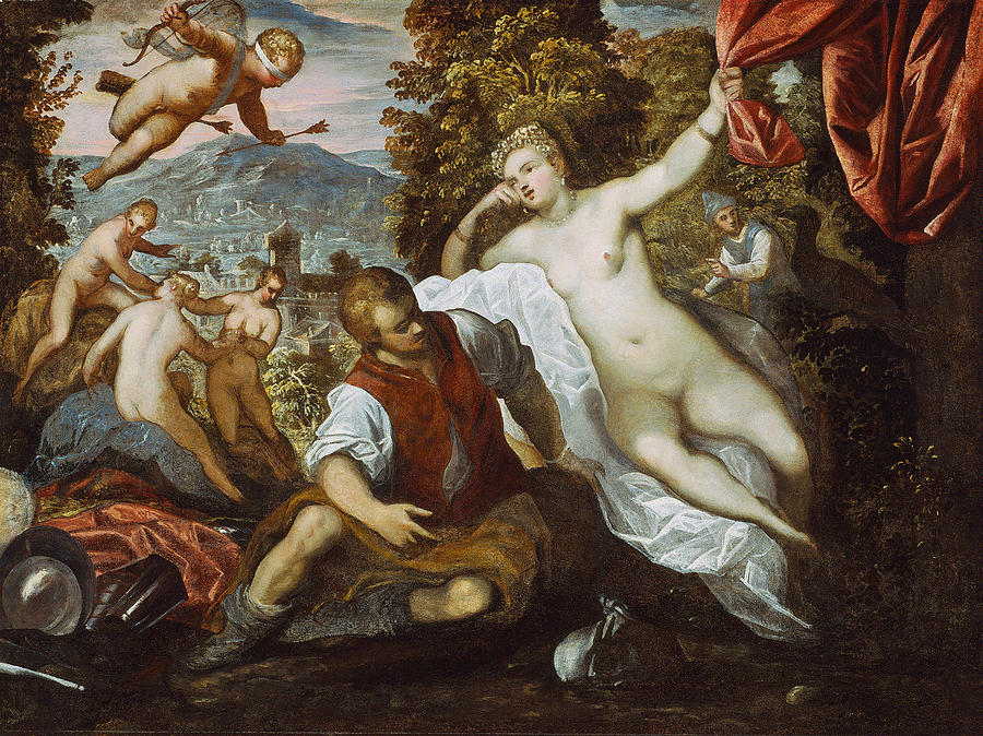 Venus and Mars with Cupid and the Three Graces in a Landscape Painting by Domenico Tintoretto