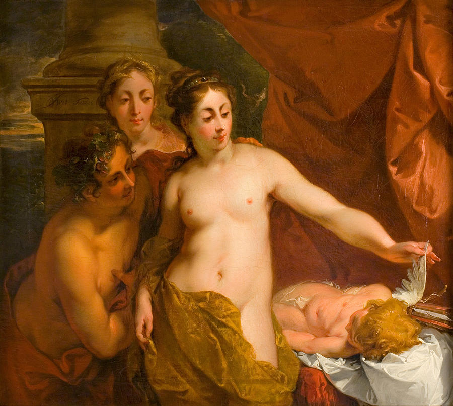 Venus, Bacchus and Ceres observing the sleeping Cupid Painting by Jacob de Wit
