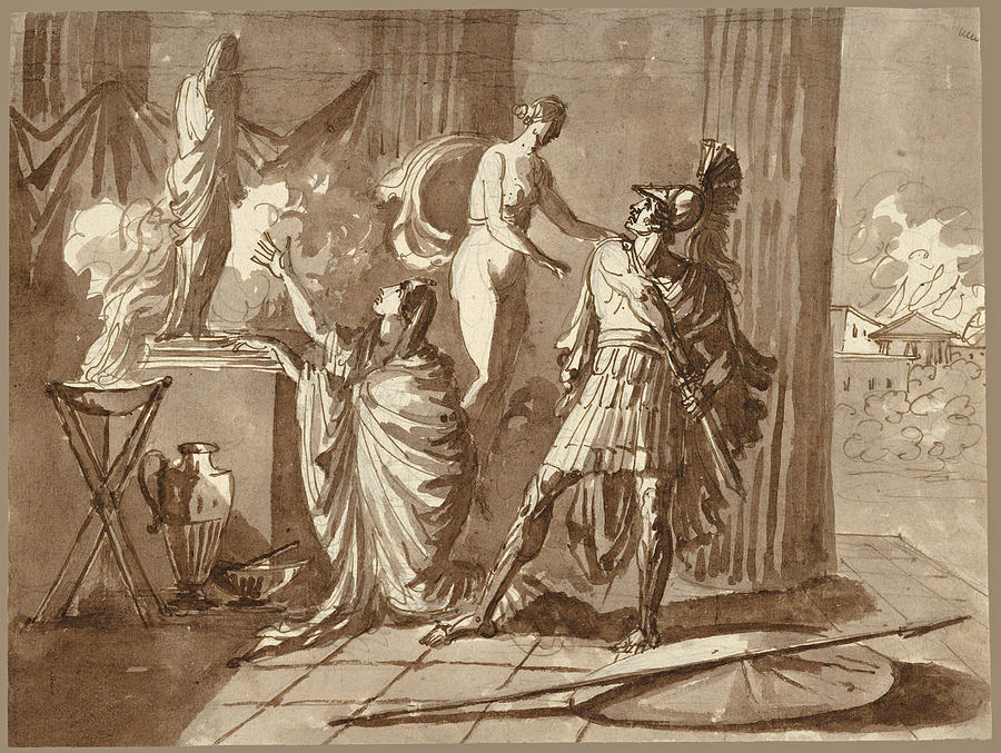 Venus preventing Aeneas from killing Helen Drawing by Attributed to Johann Tobias Sergel