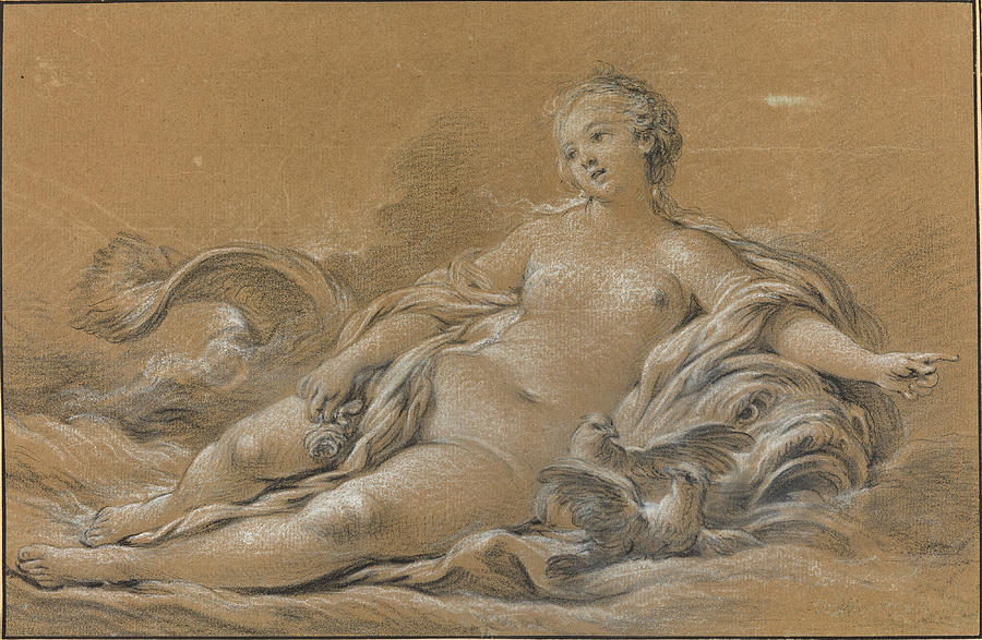 Venus Reclining on a Dolphin Drawing by Francois Boucher
