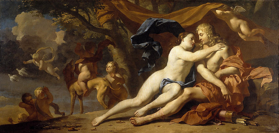 Venus trying to prevent Adonis from going hunting Painting by Karel Dujardin