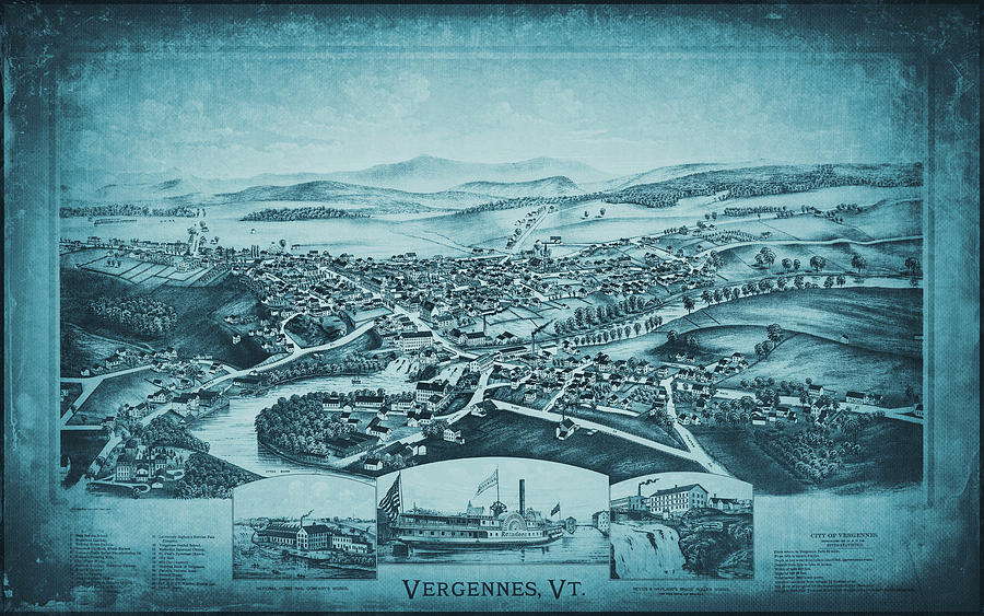Vermont Map Photograph - Vergennes Vermont Vintage Map Aerial View 1890 Blue by Carol Japp