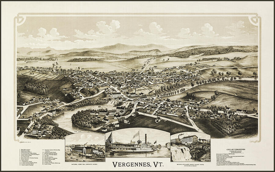 Vergennes Vermont Vintage Map Aerial View 1890 Photograph by Carol Japp ...