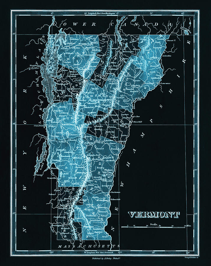 Vermont Antique Vintage Map 1827 Black and Blue Photograph by Carol ...